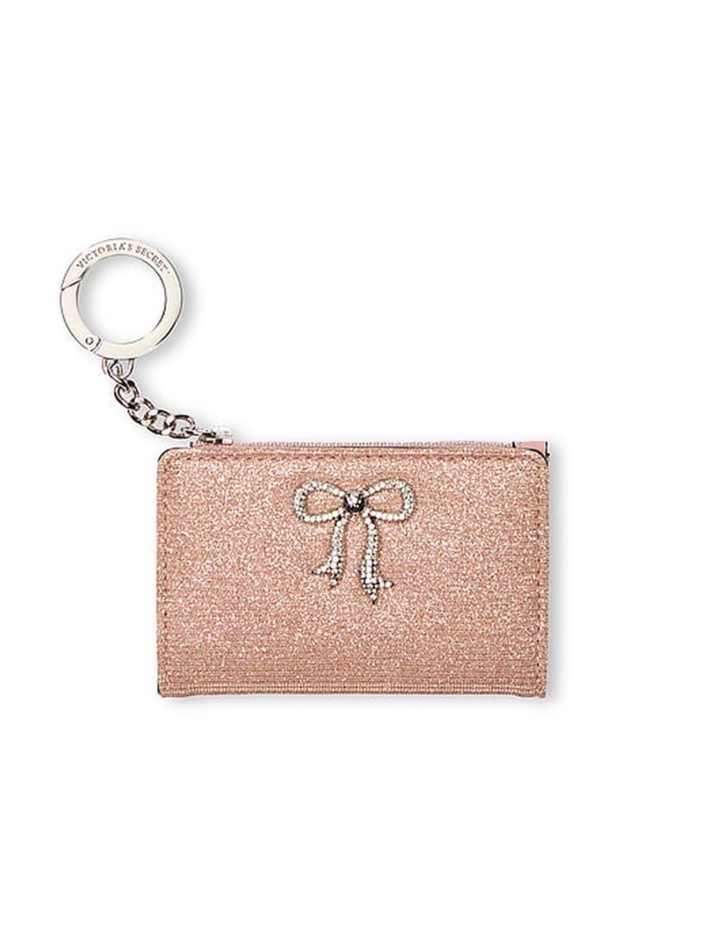Victoria's Secret Glitter Rhinestone Pink Bow Card Holder Keychain Wallet